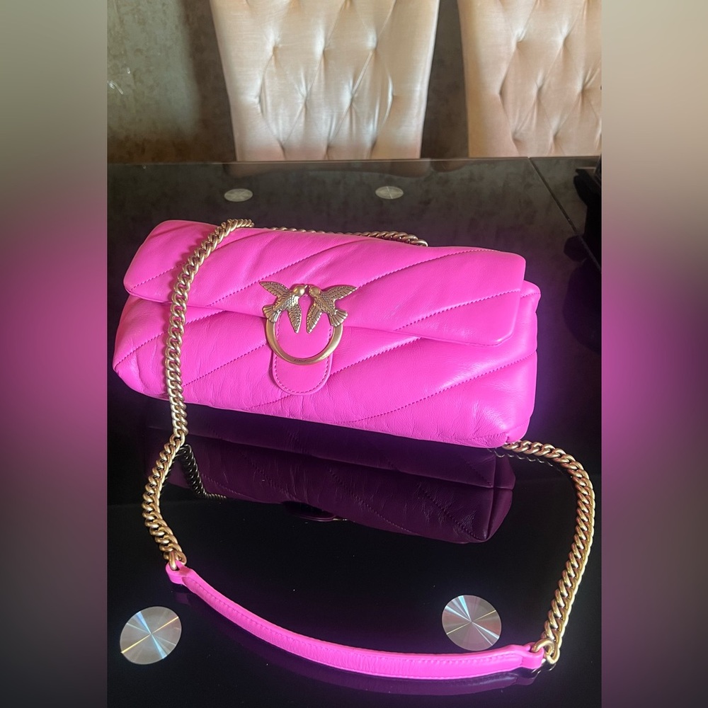 Pinko Bright Pink Quilted Crossbody Bag with Gold Chain
